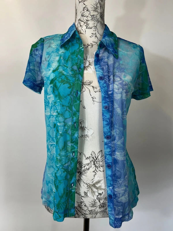 Mexx | Size 12/14 | Blue and green sheer t-shirt | Nylon