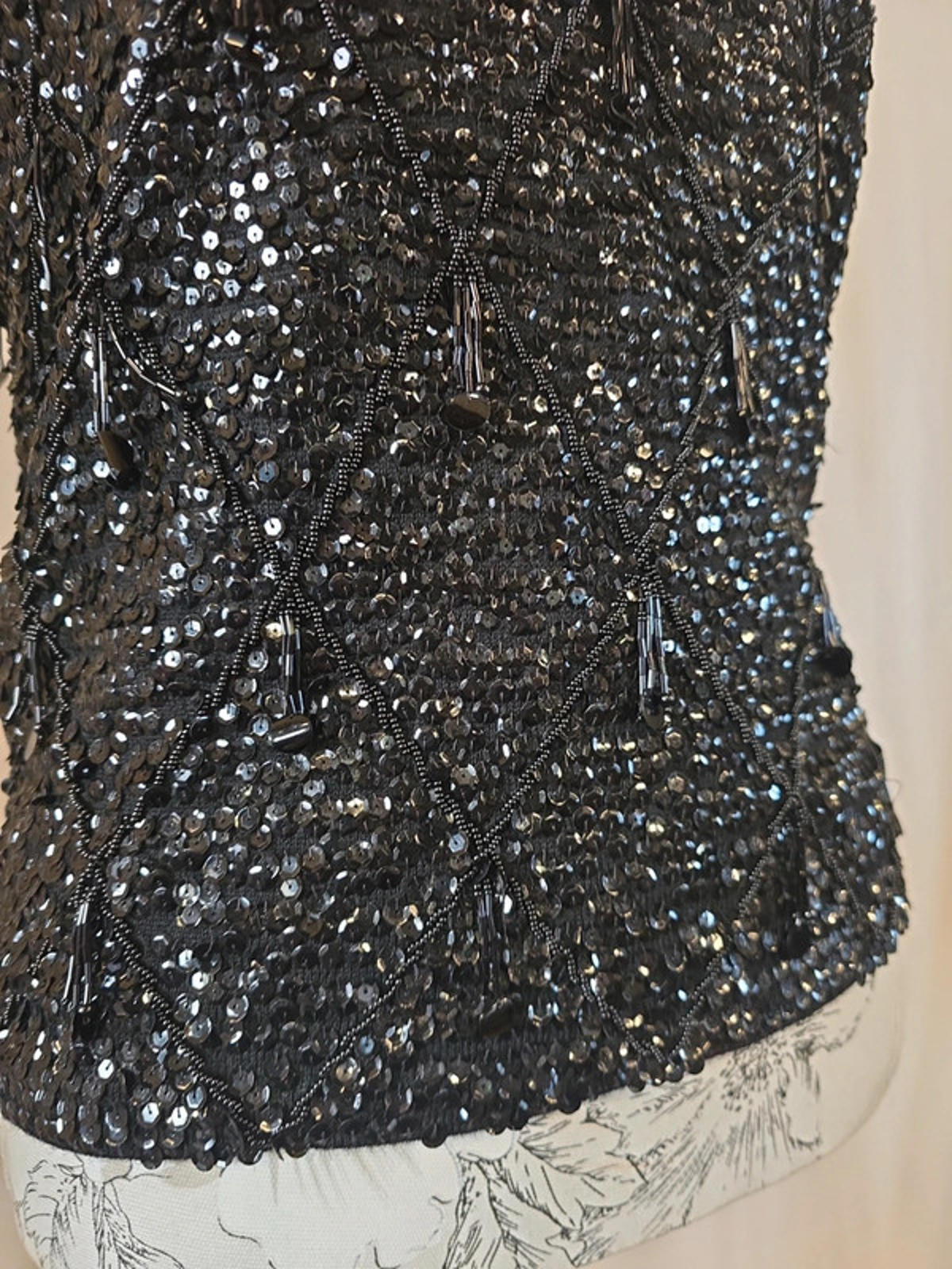 Black Heavy Sequin Vest Top | Size 12 | Zip Back | Evening Wear