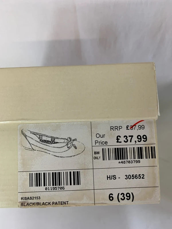 Kinloch | Size 6 | Black patent rim leather ballets with gold trim bows