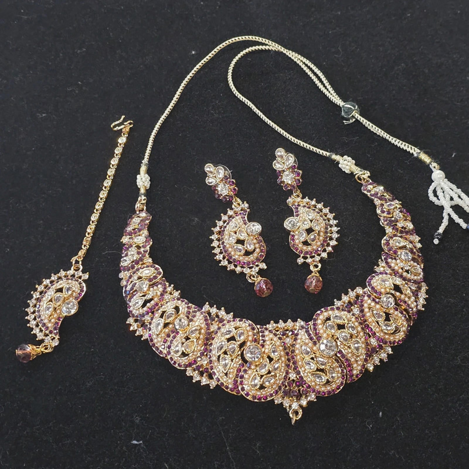 Kundan Choker Necklace Set | 3 Piece | Gold, Brown &amp; Purple