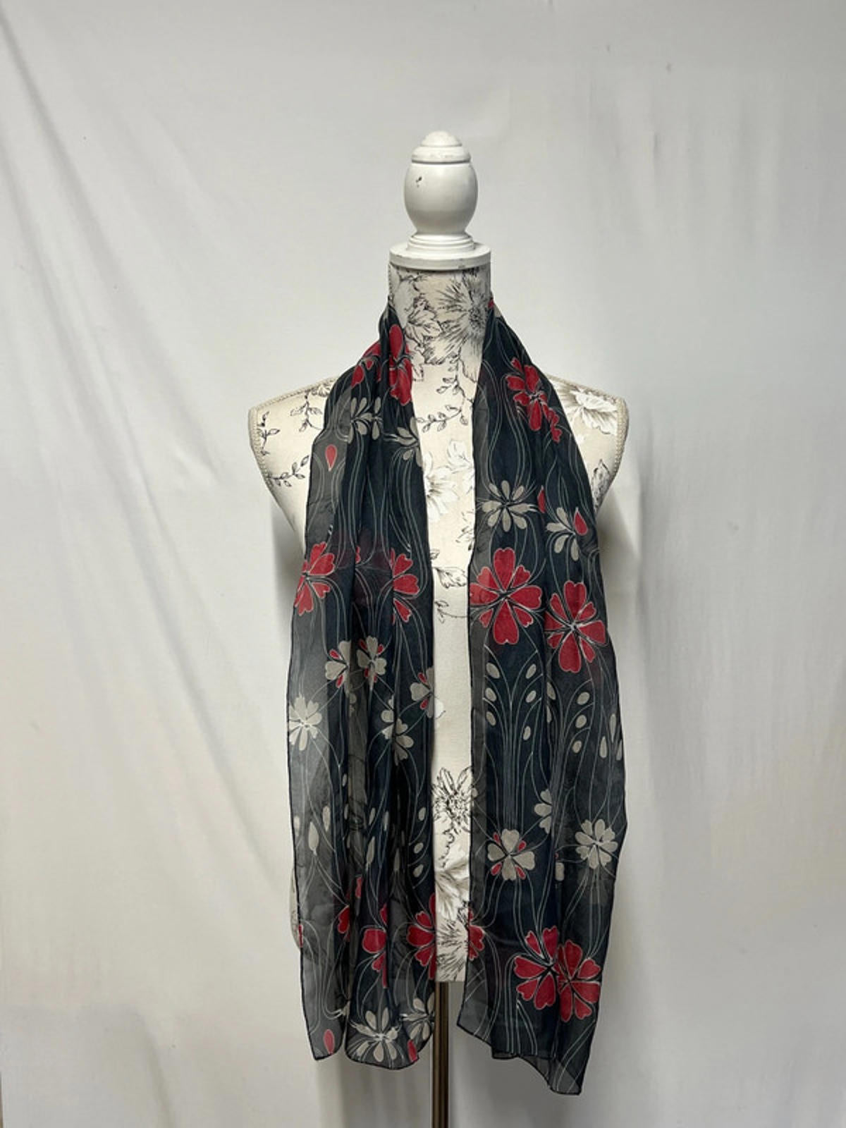 Vintage Ladies Scarf | Black and Red Floral