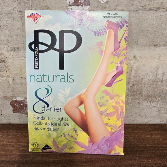 BN Pretty Polly naturals 8 denier sandals toe tights.  Gentle brown Size ML