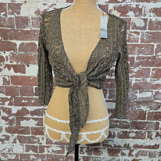 Brown Lace Knit Tie Front Cropped Cardigan