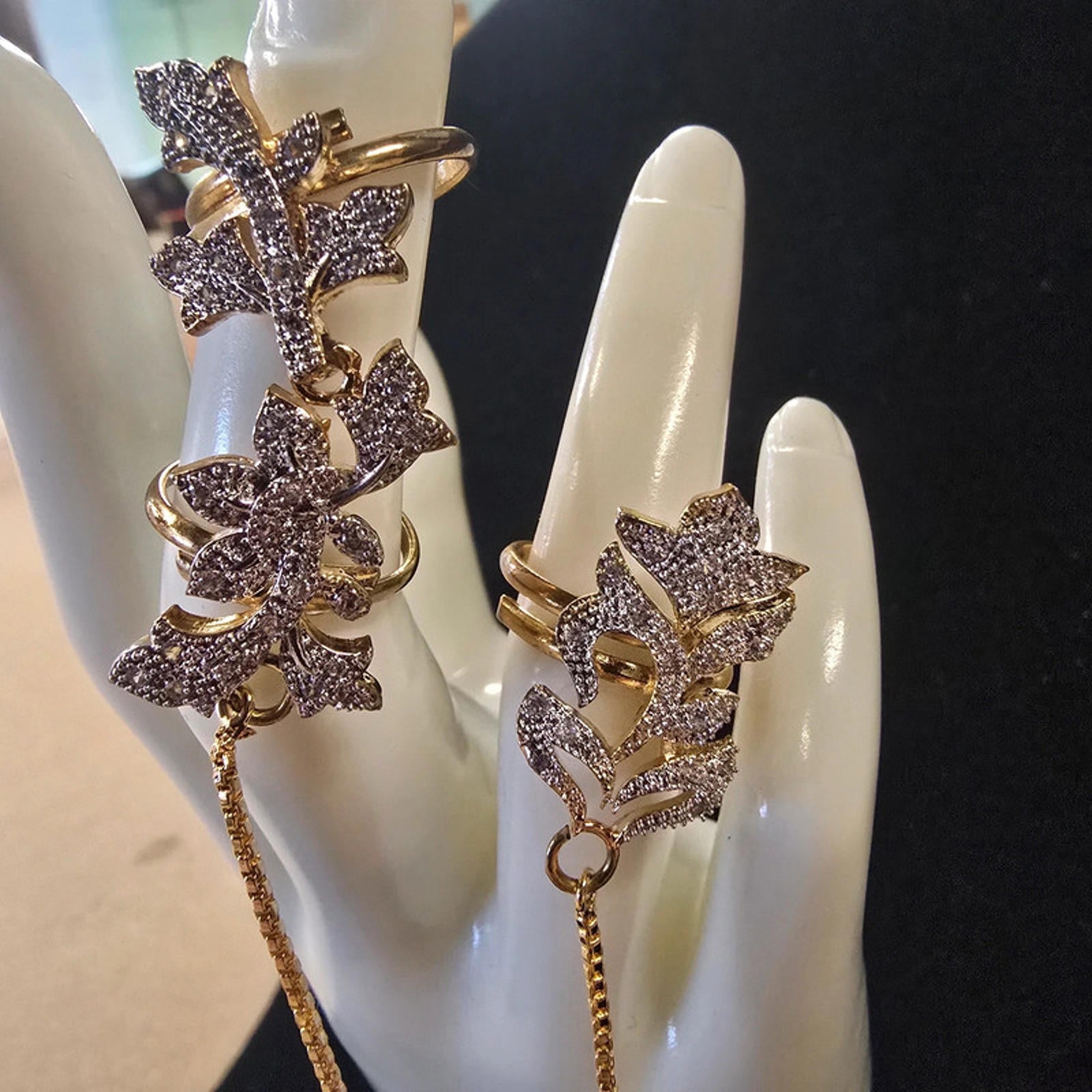Gold Tone Double Finger Ring with Chain | American Diamond | Adjustable