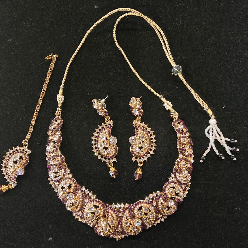 Kundan Choker Necklace Set | 3 Piece | Gold, Brown &amp; Purple