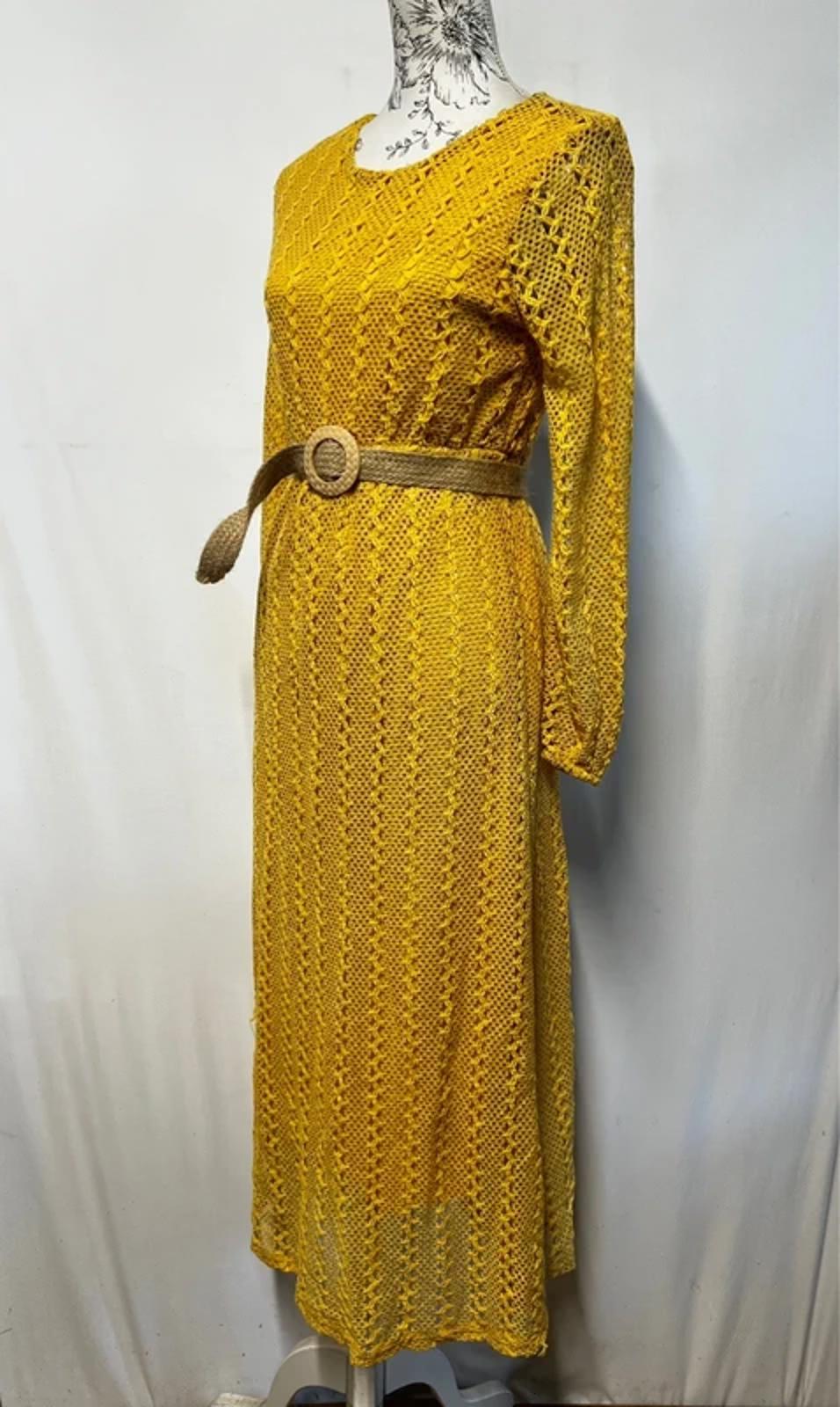 Park July | M | Boho Canary yellow crochet dress with hessian belt