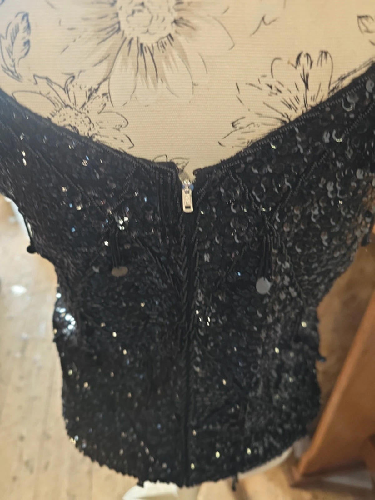 Black Heavy Sequin Vest Top | Size 12 | Zip Back | Evening Wear