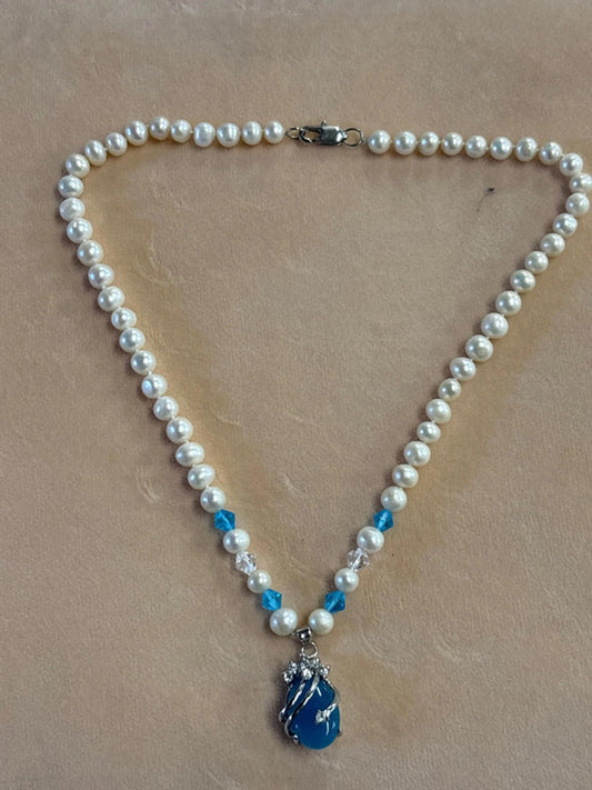 Faux pearl and blue stone necklace