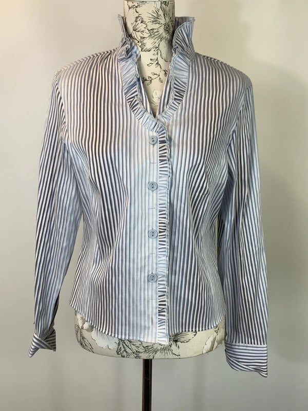 Size 16 | Blue and white striped blouse with ruffled collar
