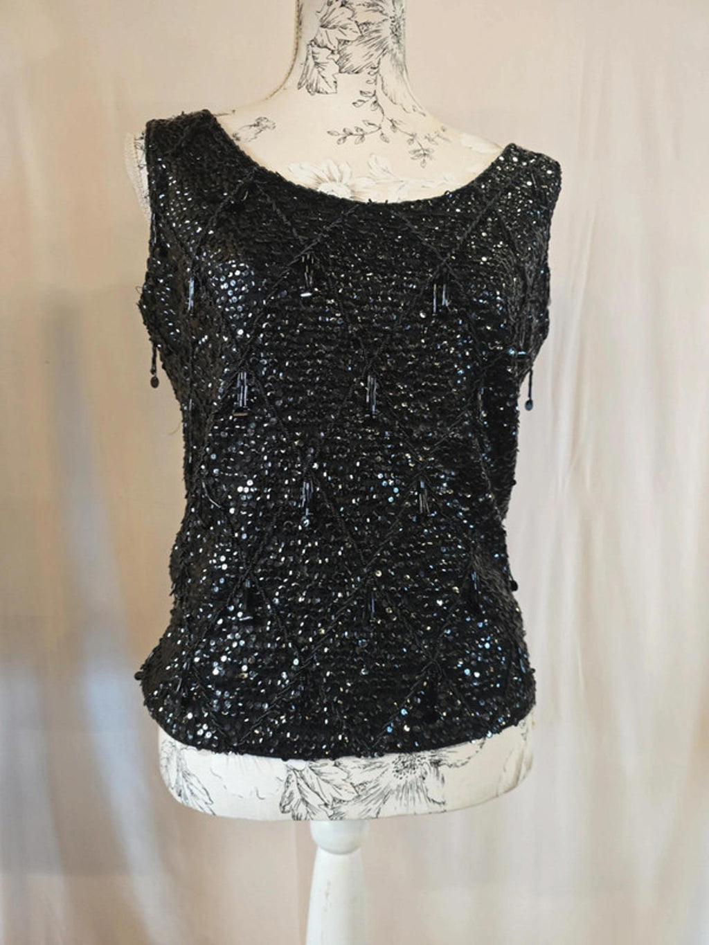 Black Heavy Sequin Vest Top | Size 12 | Zip Back | Evening Wear