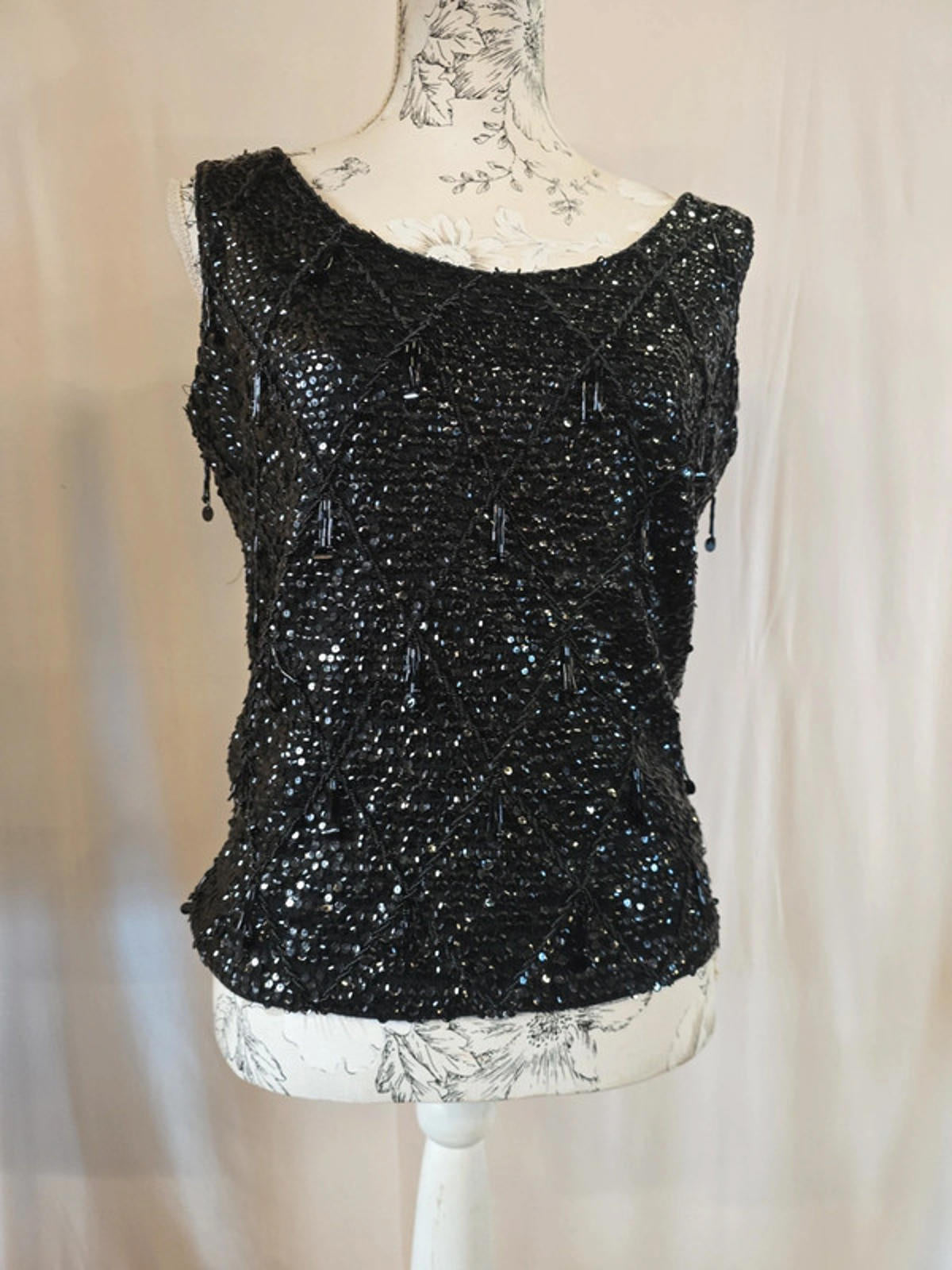 Black Heavy Sequin Vest Top | Size 12 | Zip Back | Evening Wear