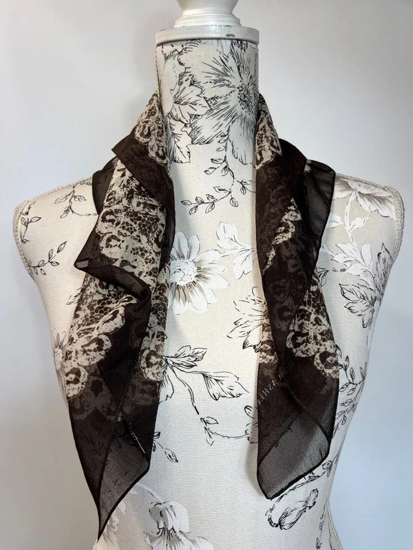 Vintage Laura Ashley | Brown and Cream/Beige Silk Lace-Print Bandanna