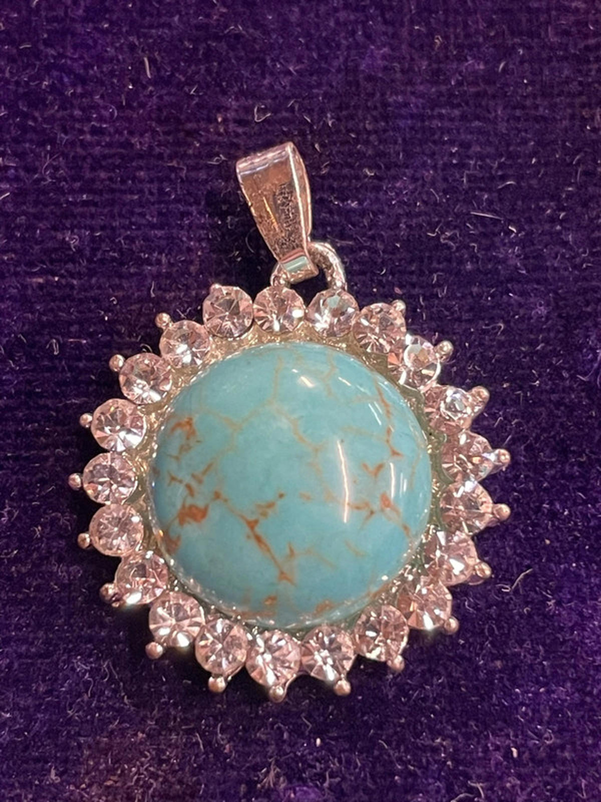Turquoise &amp; Diamanté Pendant | White Metal