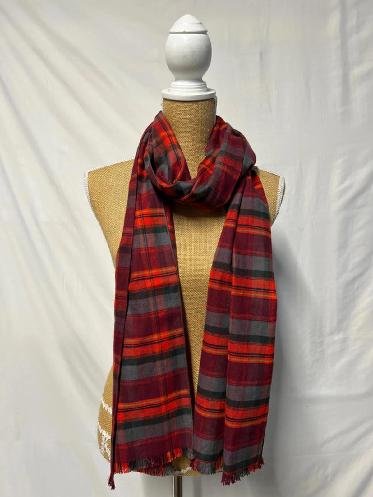 Burgundy Tartan Scarf | 100% Cotton | Brand New