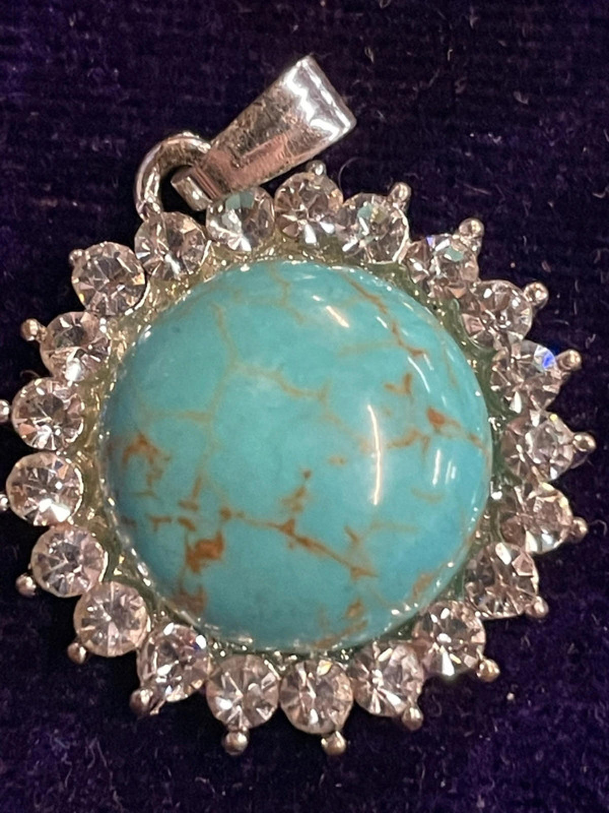 Turquoise &amp; Diamanté Pendant | White Metal