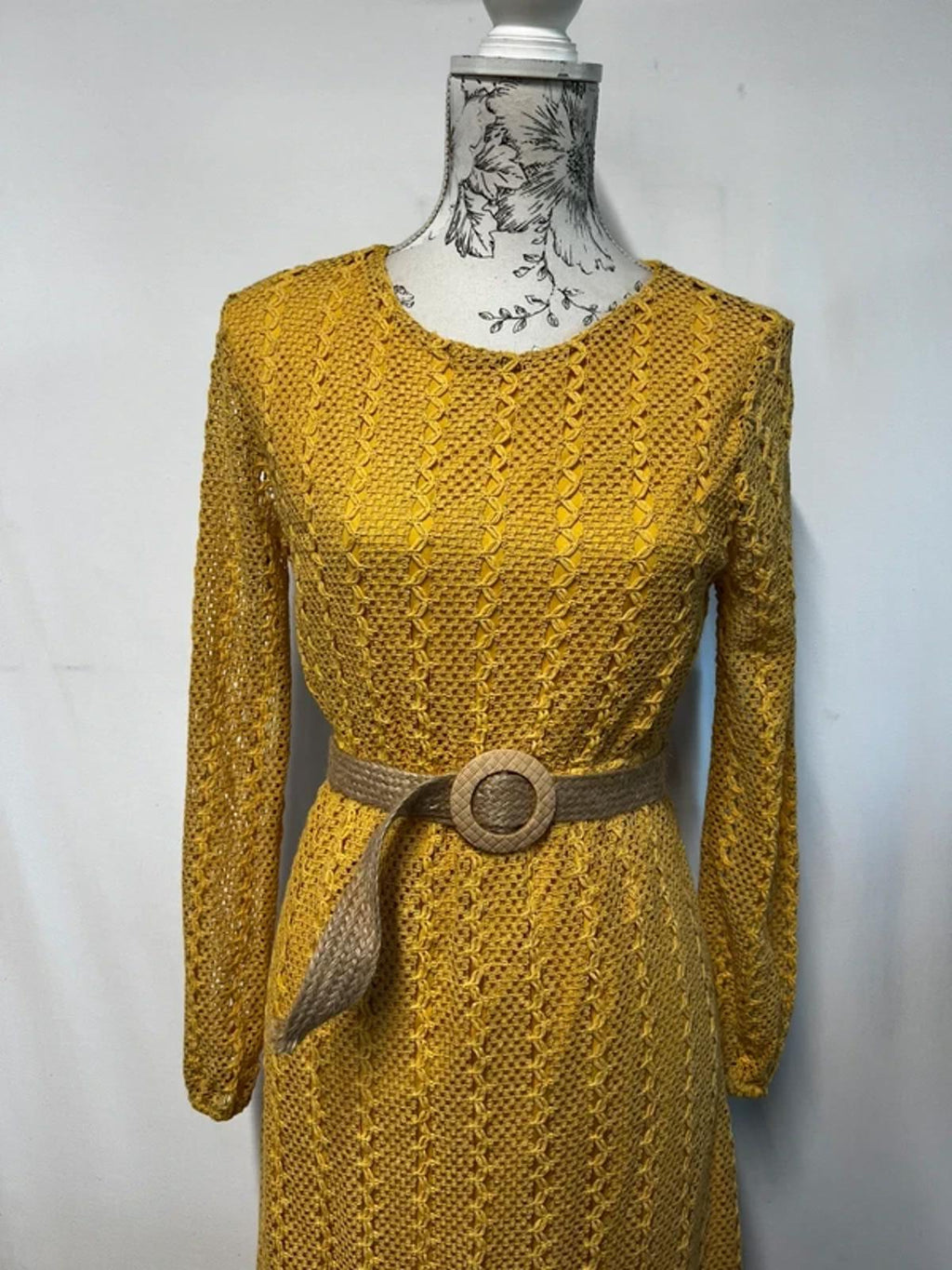 Park July | M | Boho Canary yellow crochet dress with hessian belt
