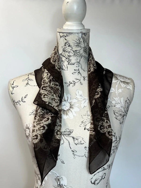 Vintage Laura Ashley | Brown and Cream/Beige Silk Lace-Print Bandanna