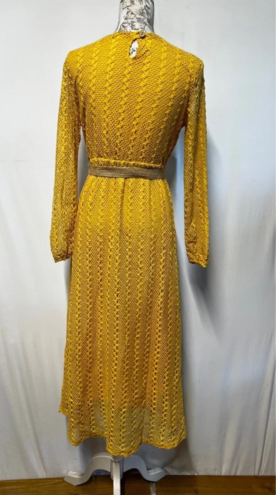Park July | M | Boho Canary yellow crochet dress with hessian belt