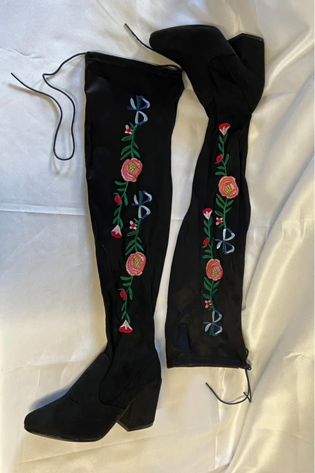 Sole Diva | Ladies Alt Embroidered Over-Knee Boots | Floral Pattern | Faux Suede