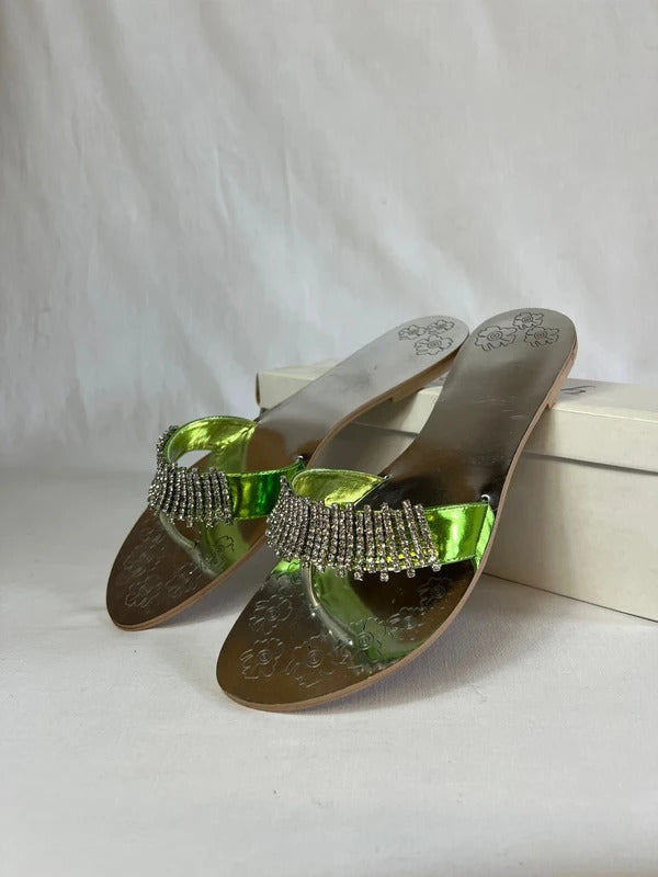 Savannah Collection | Size 8 | Y2K Green Metallic Flip Flops with faux gemstones