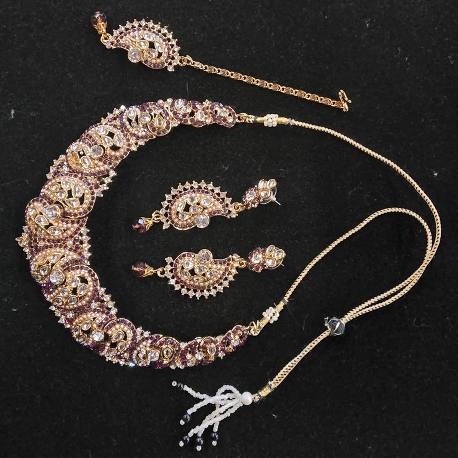 Kundan Choker Necklace Set | 3 Piece | Gold, Brown &amp; Purple