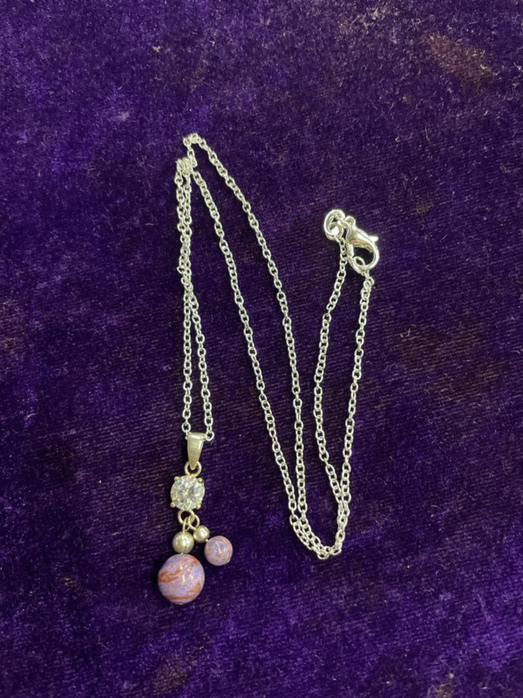 Silver Necklace | Purple &amp; Brown Sphere Pendants | 25cm