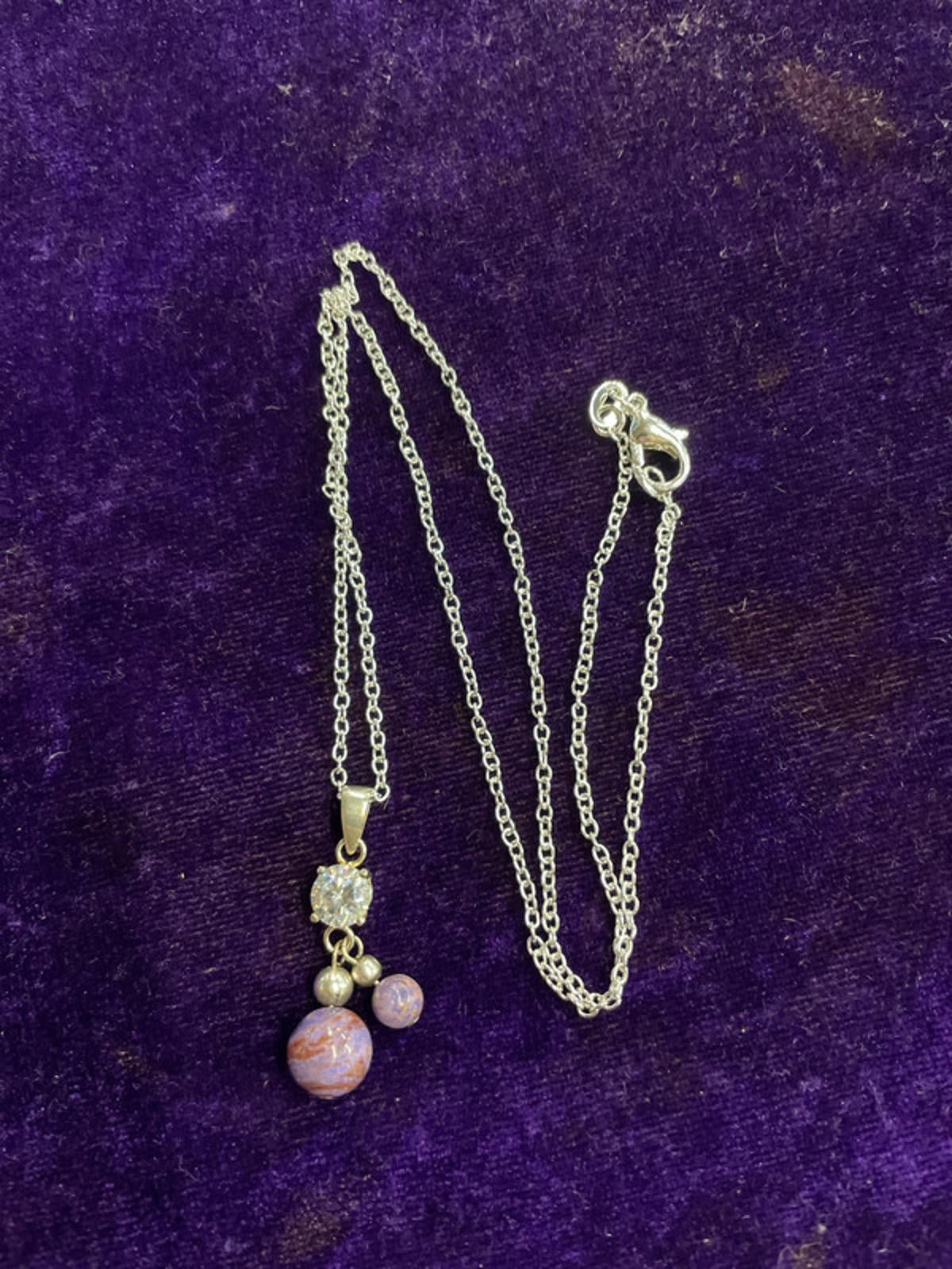 Silver Necklace | Purple &amp; Brown Sphere Pendants | 25cm