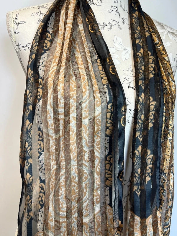 Ladies vintage mixed floral/striped brown and black scarf