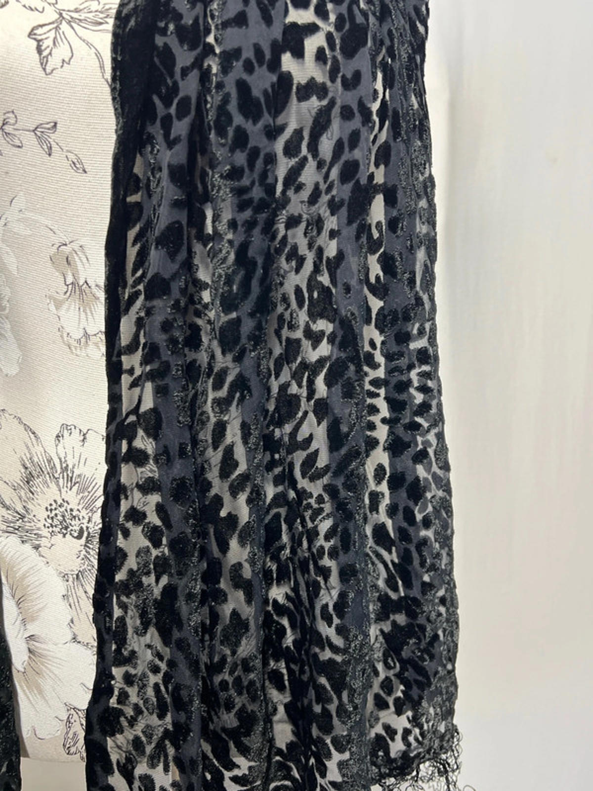 Black Sheer Leopard Print Scarf with Fringe