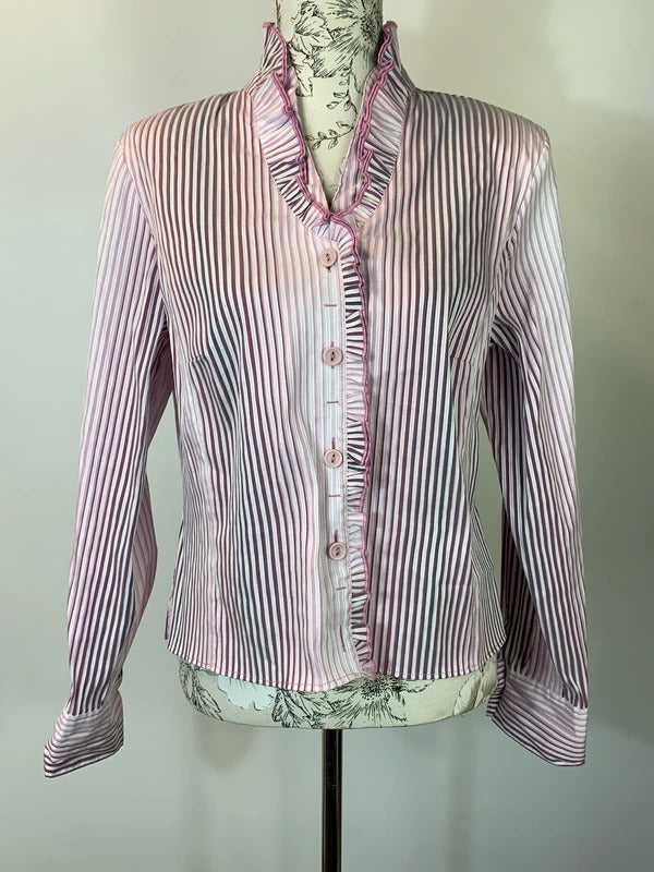 Size 16 | Vintage Style Pink and white ruffled striped shirt