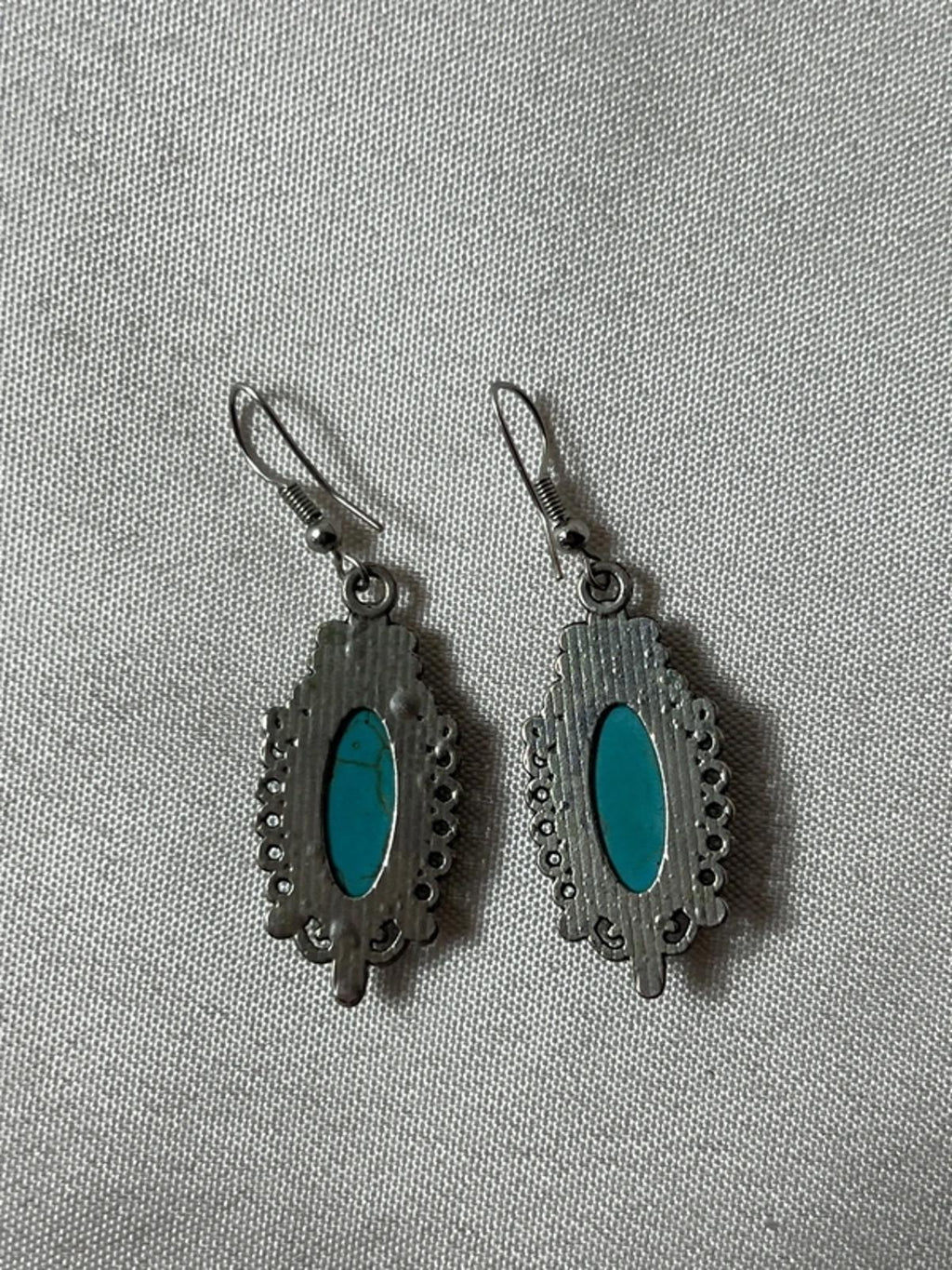 Vintage Styled | Oval Turquoise Stone Drop Earrings|  Silver Tone