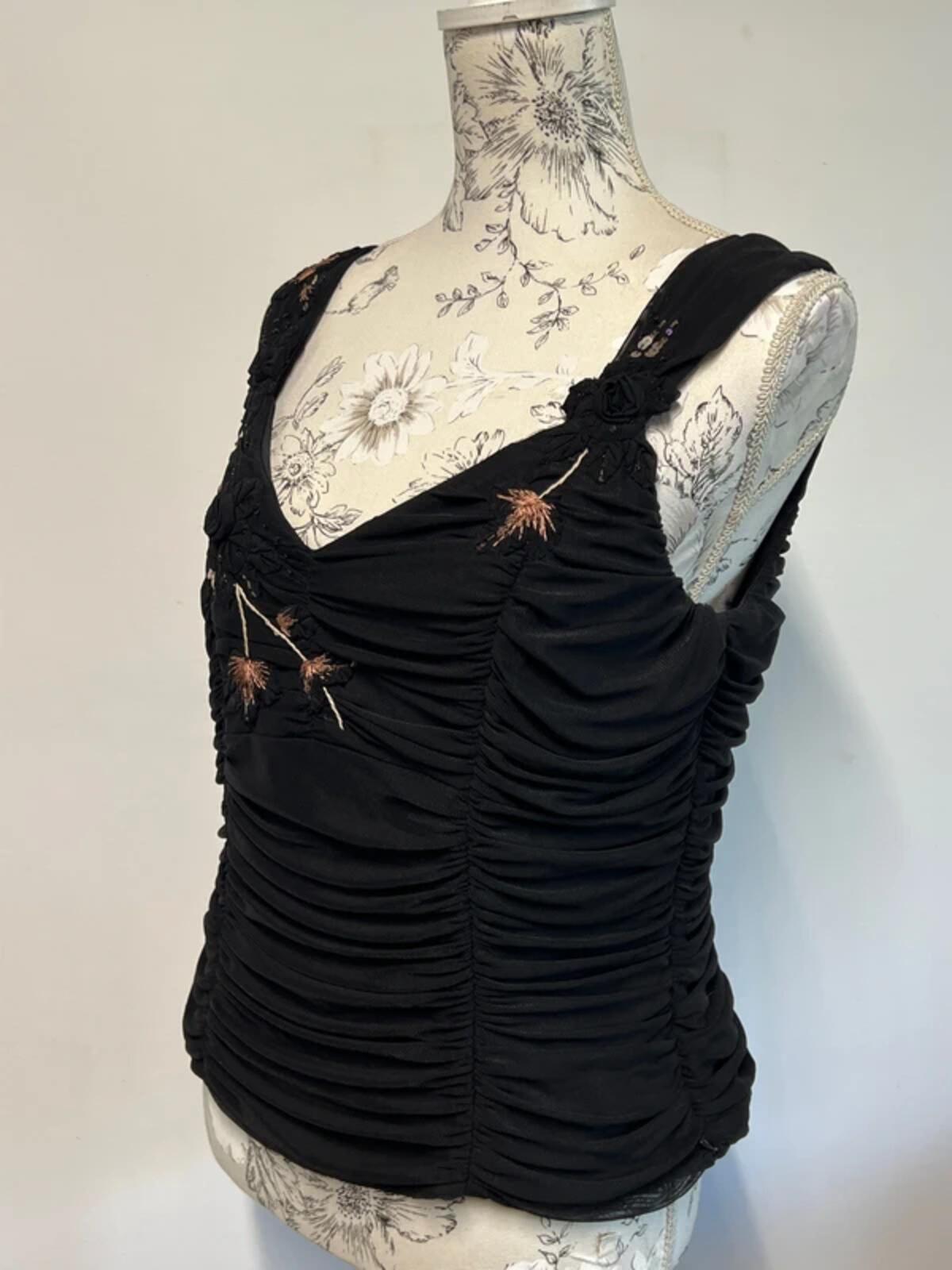 Precis Petite | 14 | Stylish Black ruffled vest top with detailed embroidery