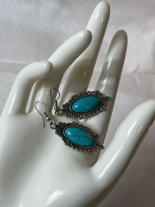 Vintage Styled | Oval Turquoise Stone Drop Earrings|  Silver Tone