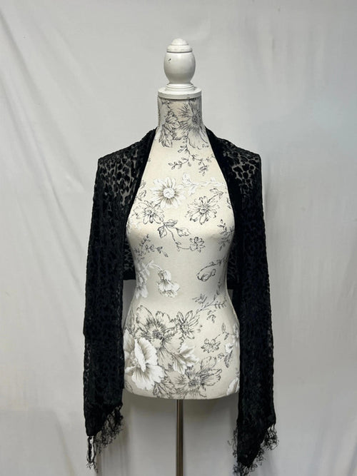 Black Sheer Leopard Print Scarf with Fringe