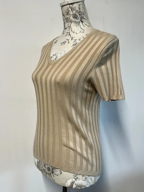 Caractère | M | Beige ribbed t-shirt | Silk/Elastane blend