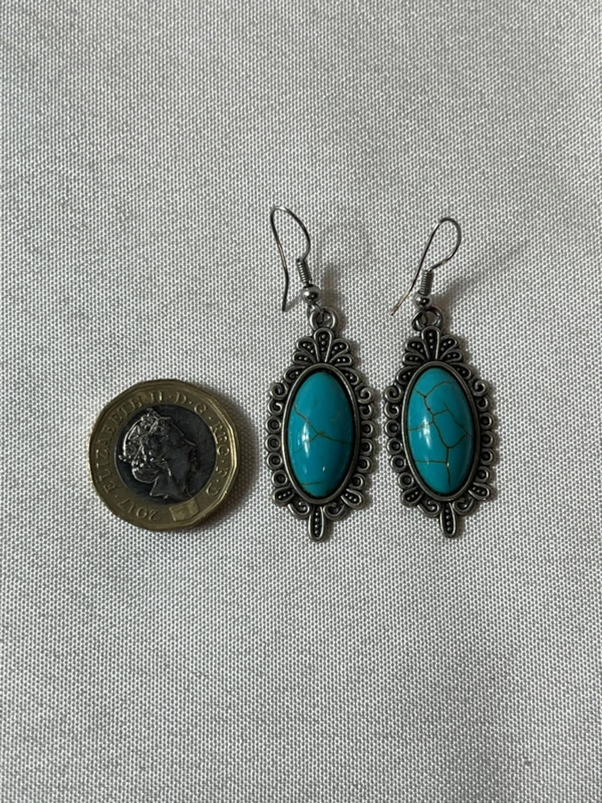 Vintage Styled | Oval Turquoise Stone Drop Earrings|  Silver Tone