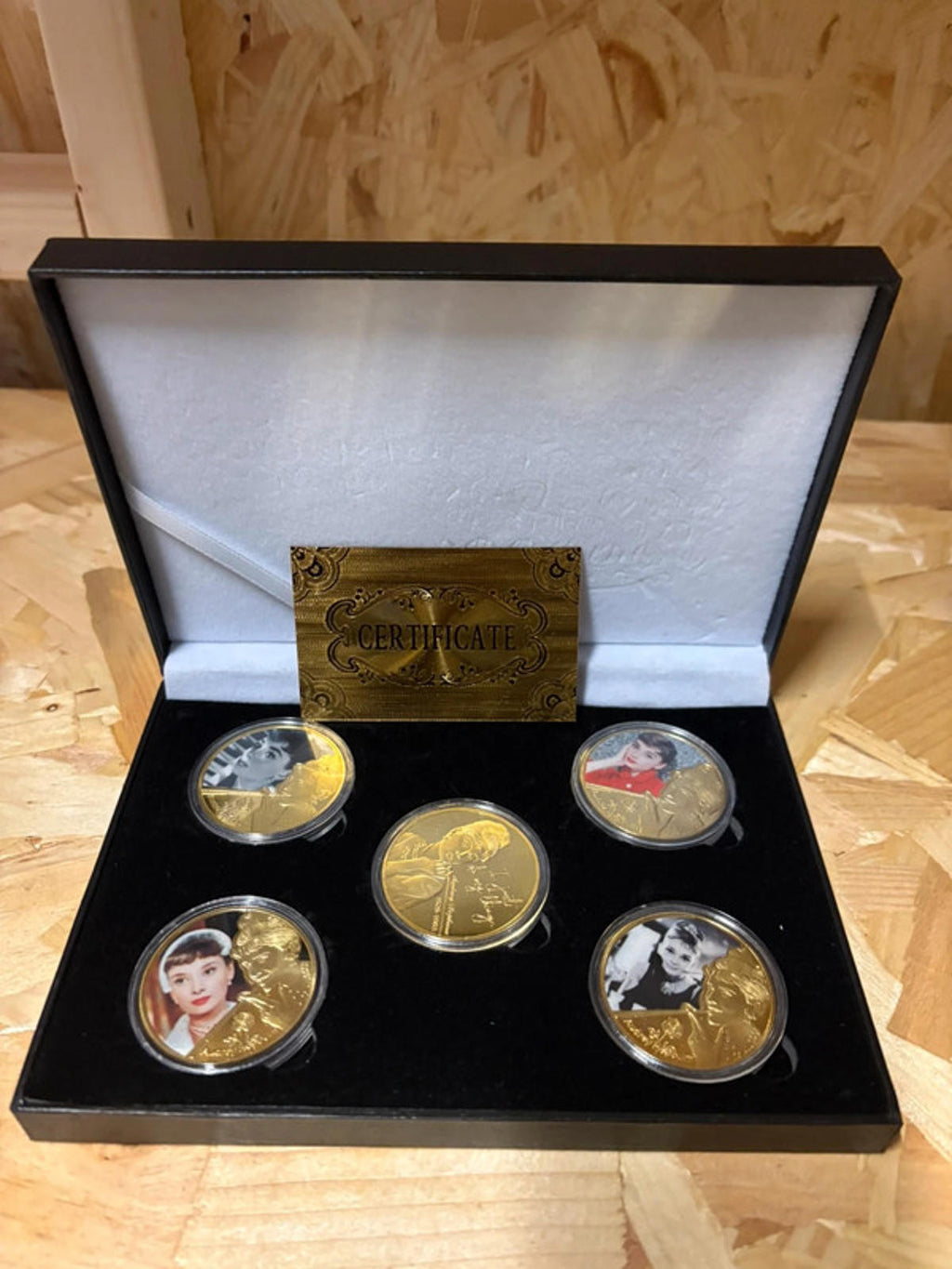 Set of 5 gold plated Audrey Hepburn commemorative coins
