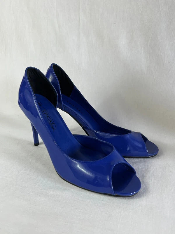 Spot On | Size 6 |  Chic blue open toe heels | Faux Patent Leather