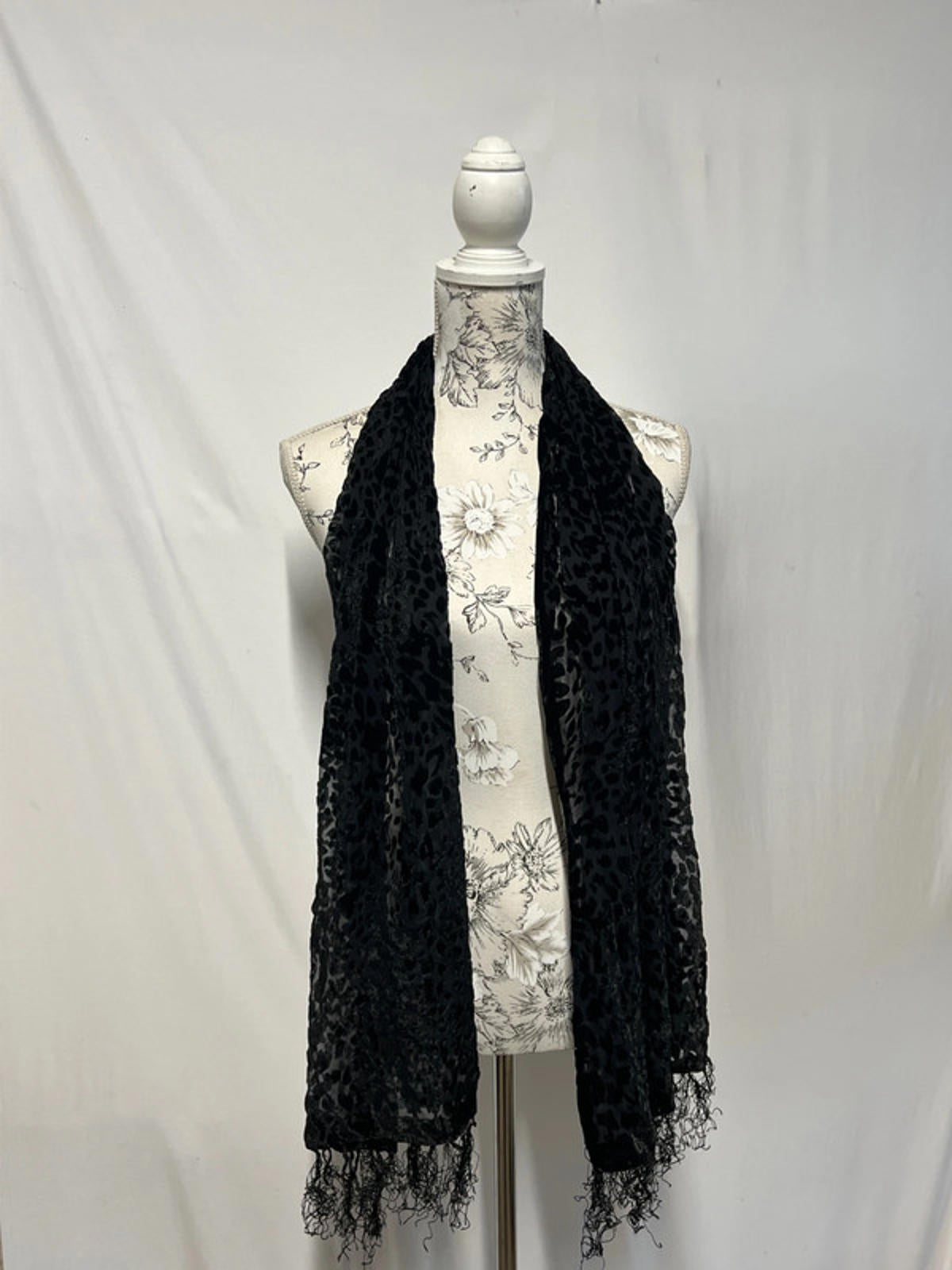 Black Sheer Leopard Print Scarf with Fringe