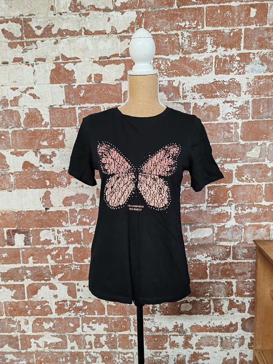 River Island | UK 10 | Black Butterfly TShirt | Cotton