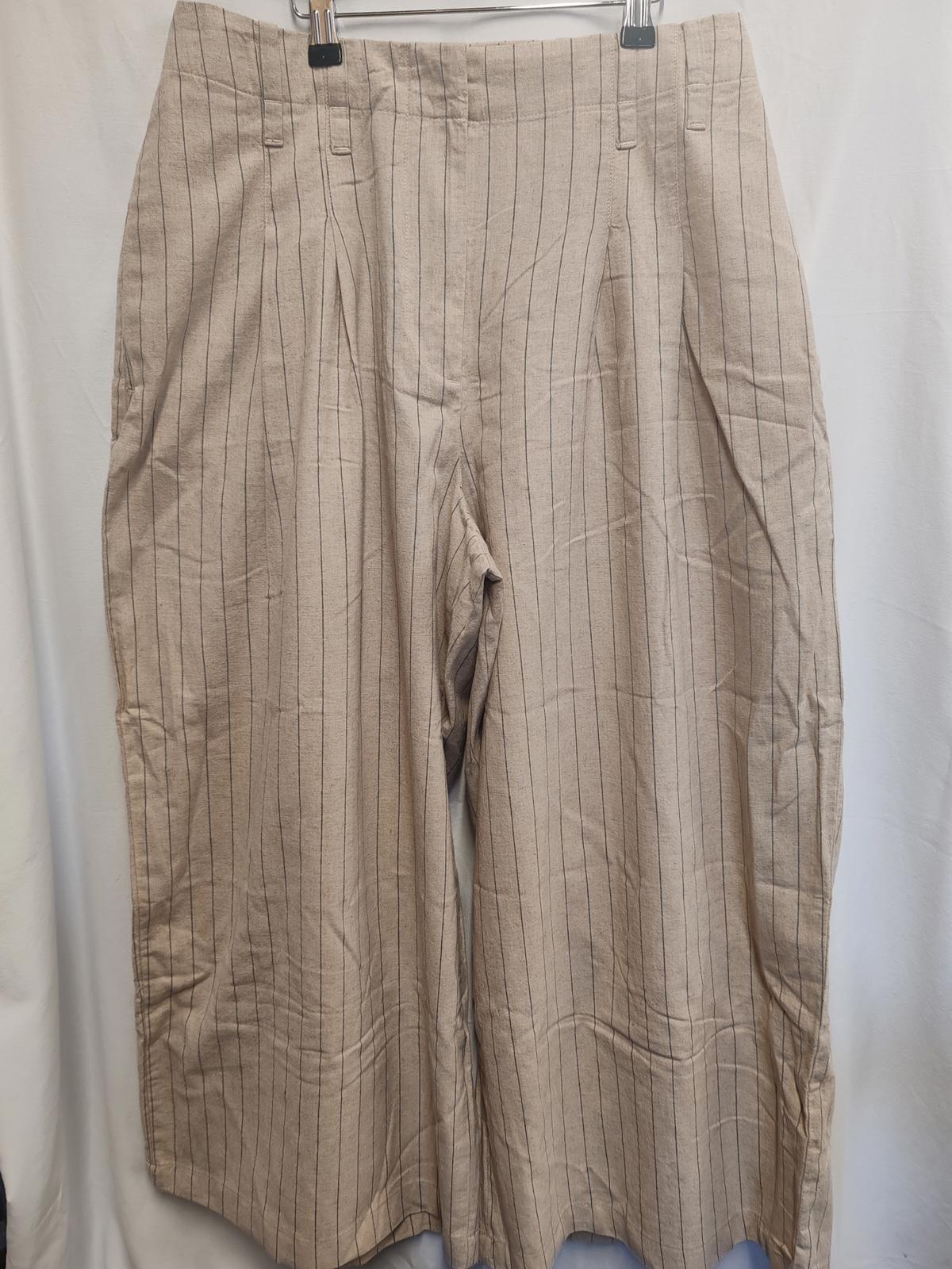 Next | UK 14R | Beige Striped Linen Trousers | Cotton & Linen