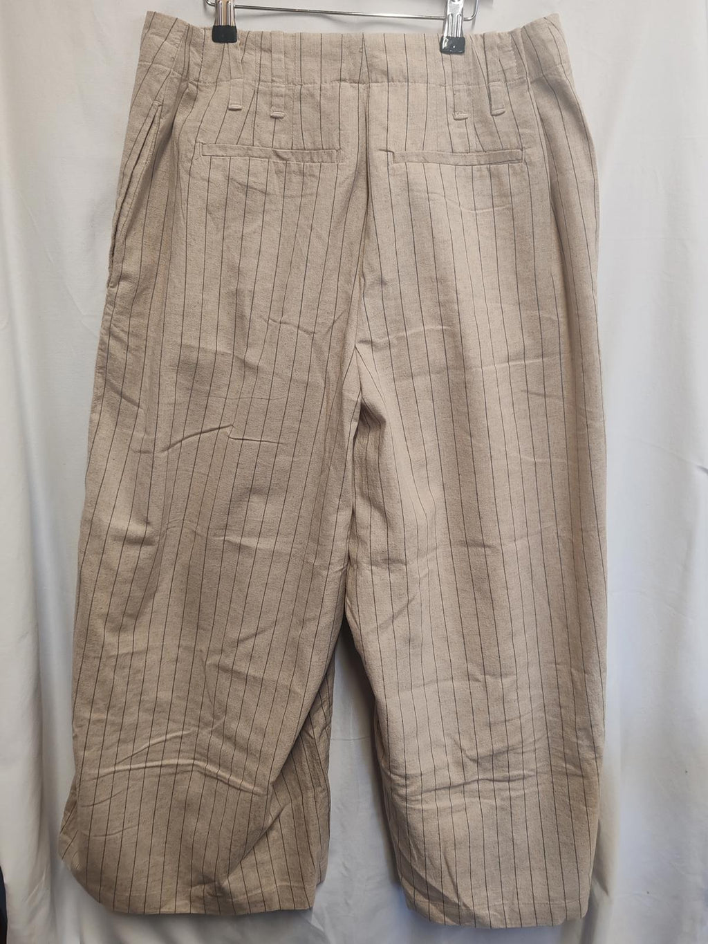 Next | UK 14R | Beige Striped Linen Trousers | Cotton & Linen
