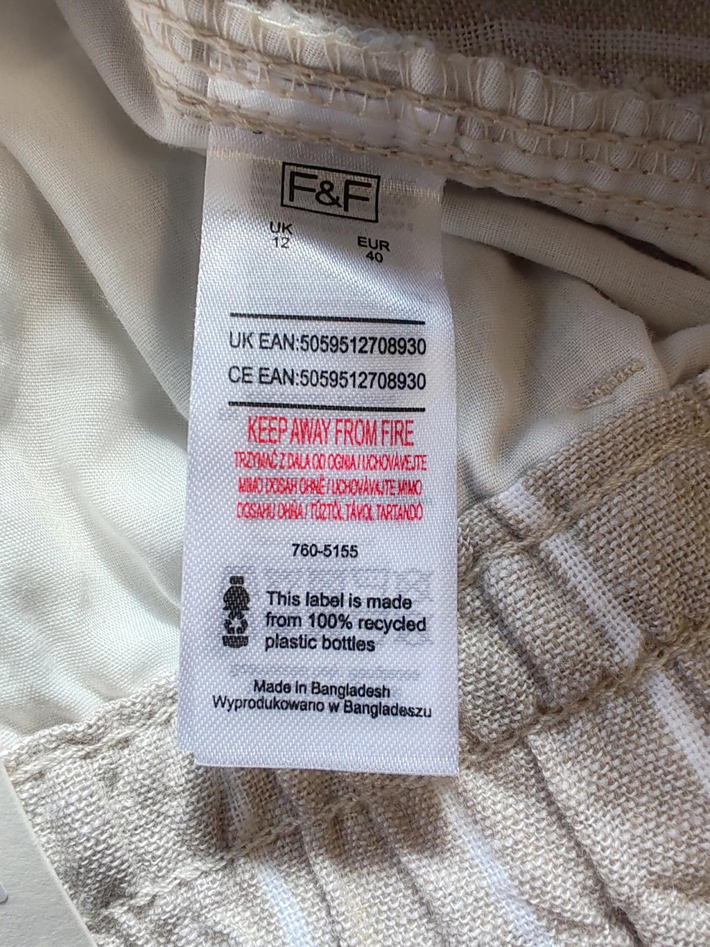 F&F | UK 12 | Beige and White loose pants | Linen blend
