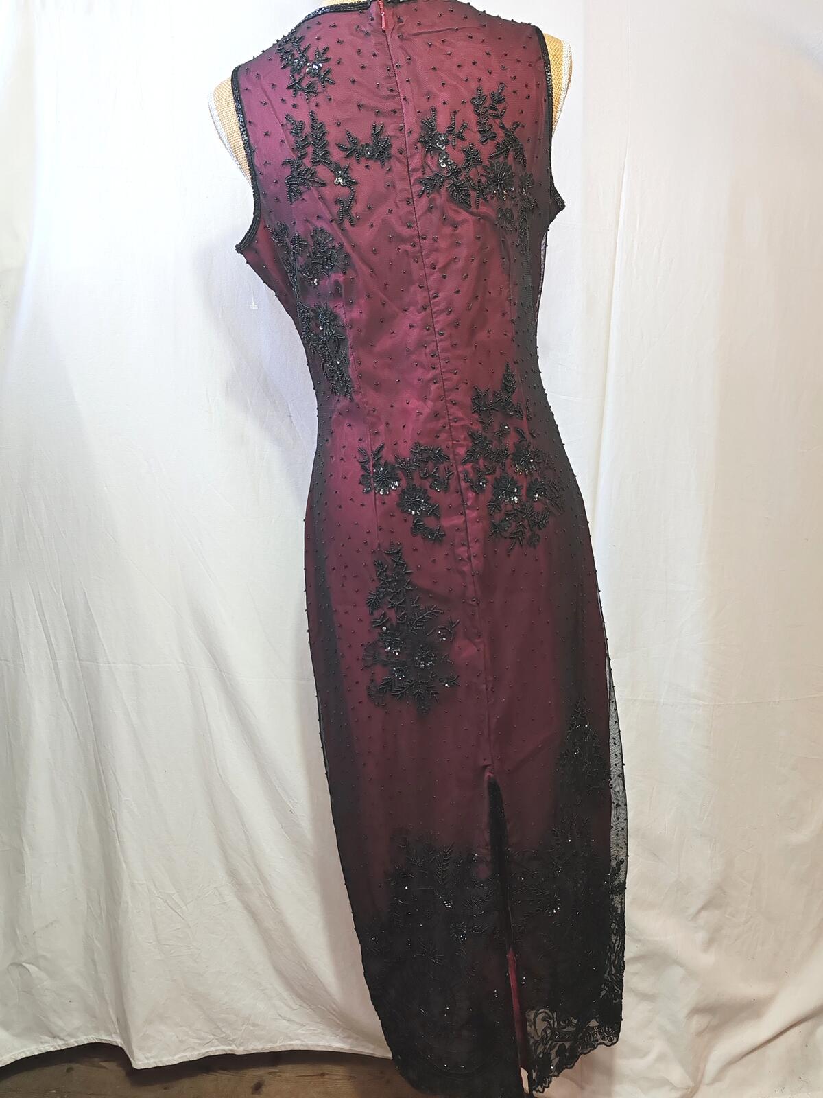 Roman Originals | UK 14 | Black & Burgundy Mesh Evening Dress | Polyester
