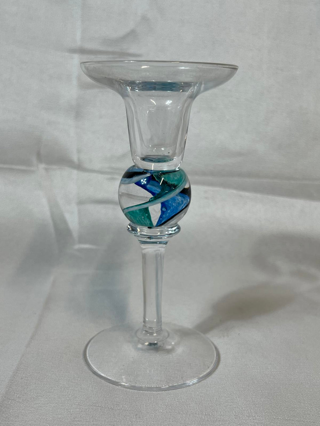 Vintage glass Candlestick with pale blue swirl