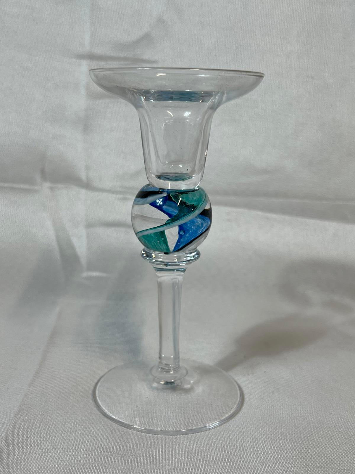 Vintage glass Candlestick with pale blue swirl