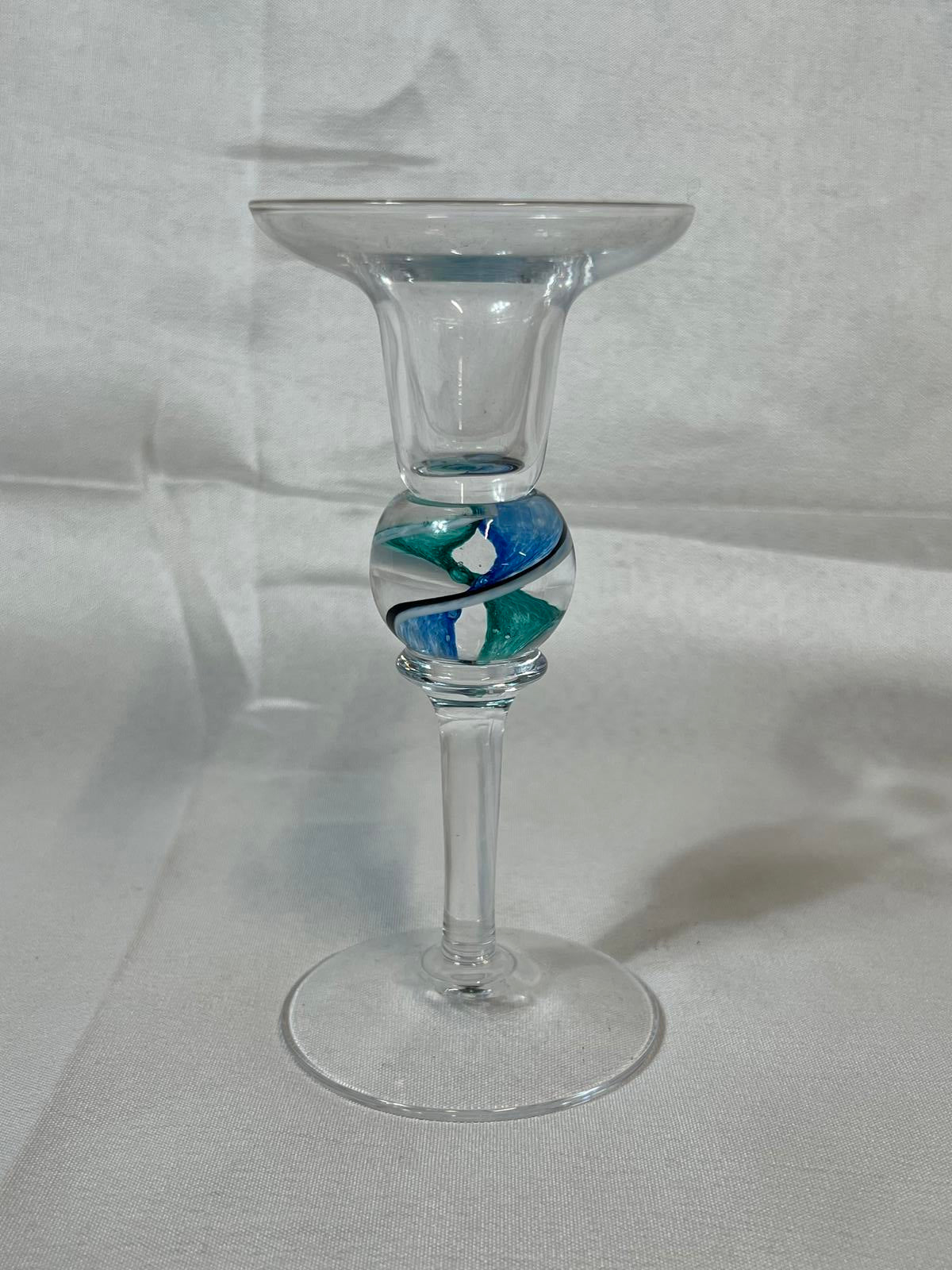 Vintage glass Candlestick with pale blue swirl