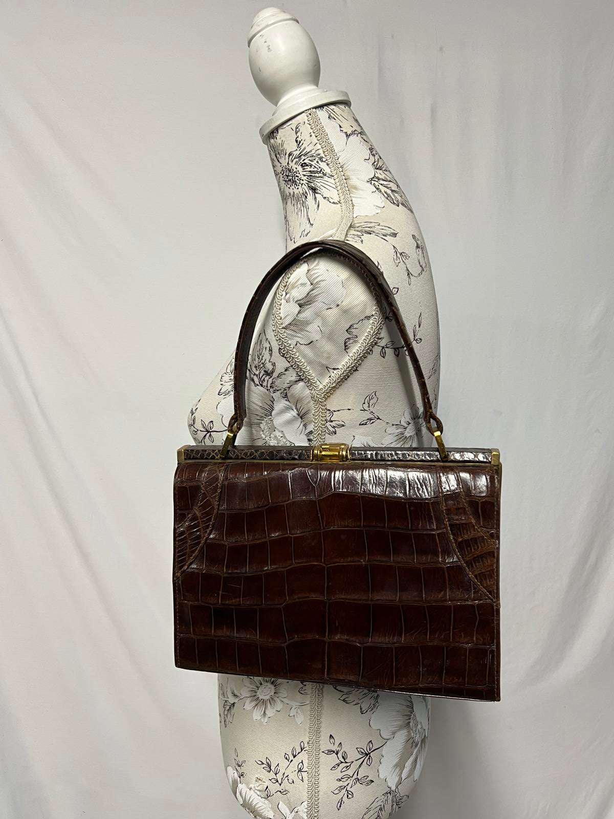 Vintage Ladies Leather Handback | Faux Crocodile skin print