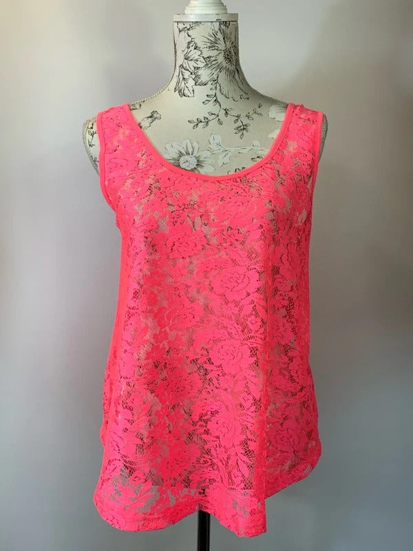 Red Herring | Size 12 |  Y2K Neon Pink Lace Vest Top