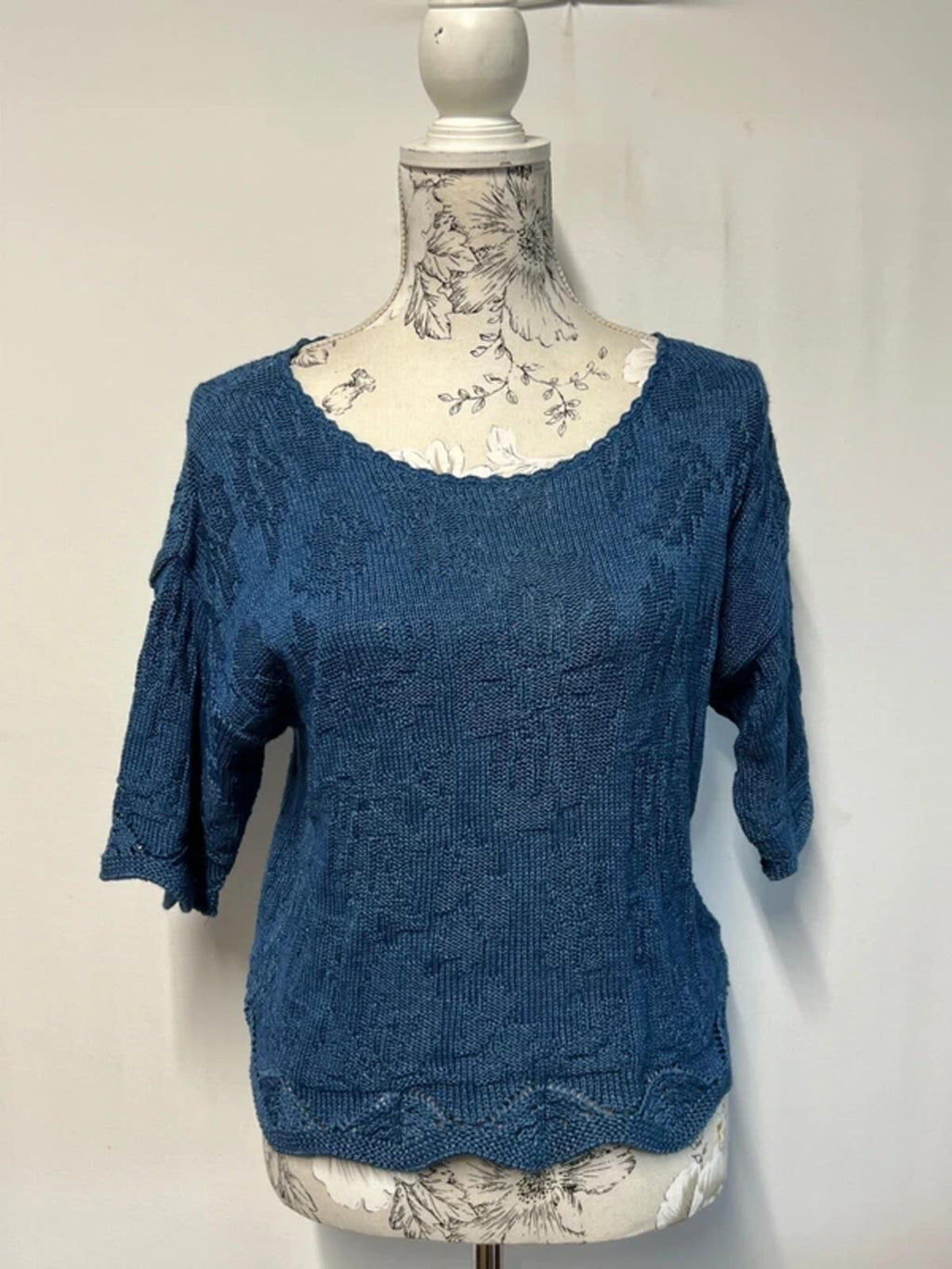 Vintage 1980’s Laura Ashley | S/M | Blue 100% Cotton 3/4 sleeve jumper